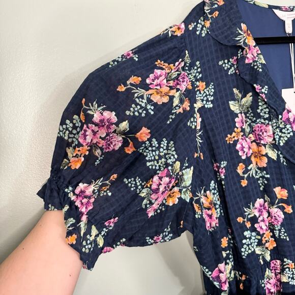 LC Lauren Conrad Floral Waffle Wrap Tie Ruffle Maxi Dress Navy Blue 4X Plus NWT - Picture 3 of 12